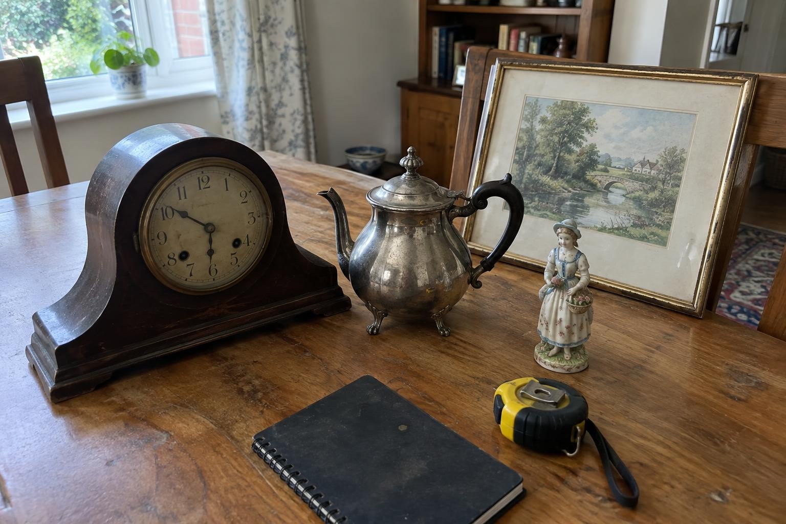 Antique objects laid out on a dining table ready for valuation, including a mantel clock, a silver teapot, a framed watercolour and a porcelain figure