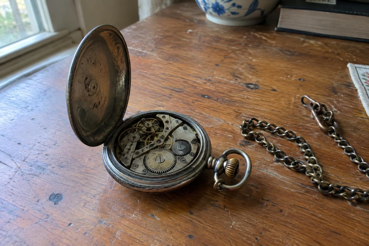 An old pocket watch on a wooden table with its back cover open, showing the movement inside, beside its chain