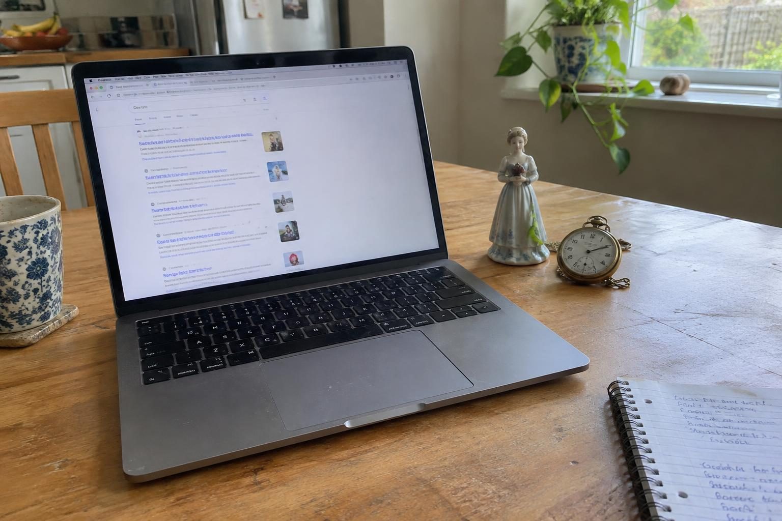 A laptop showing search results on a kitchen table beside a porcelain figure, a pocket watch and a handwritten notepad