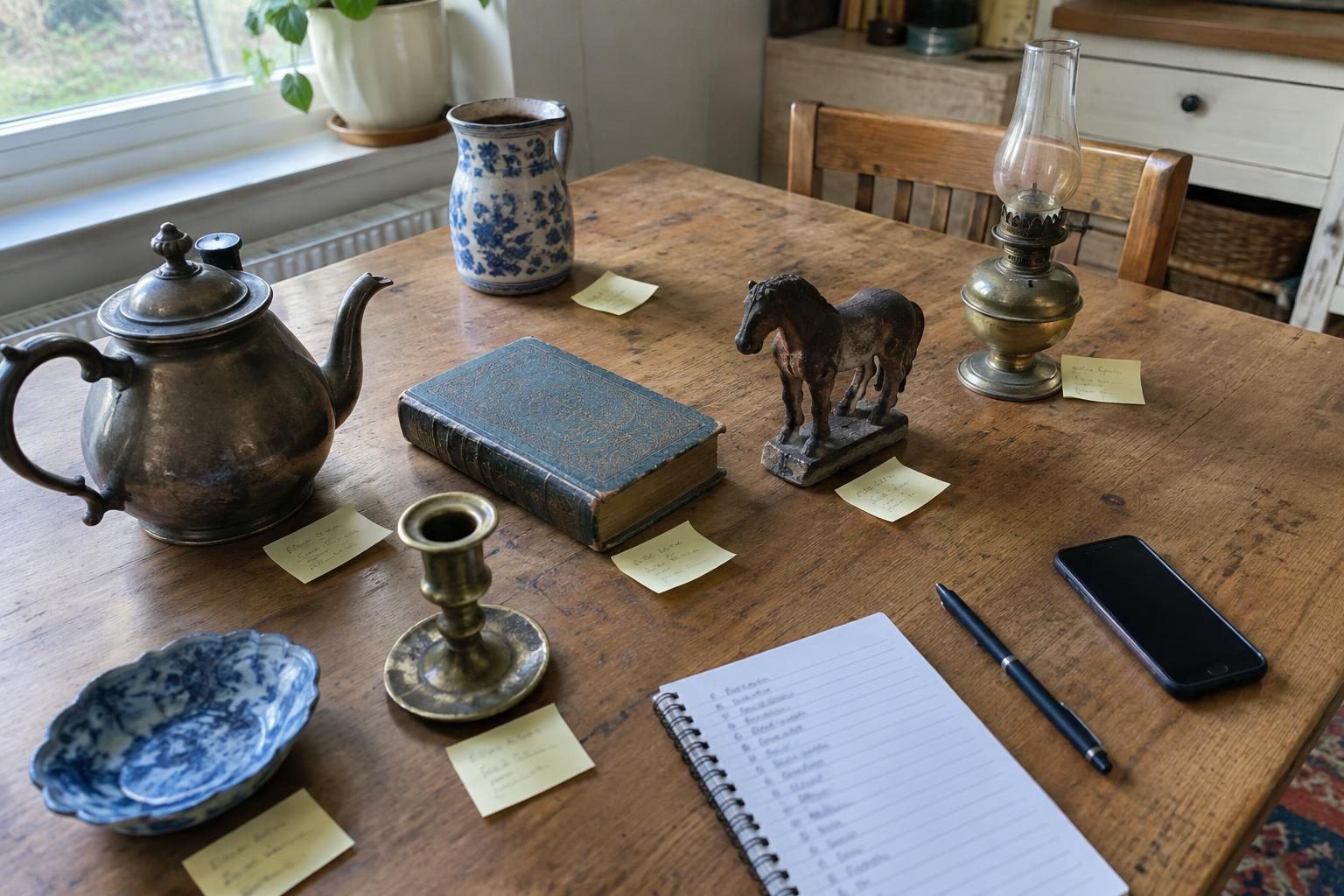 Antique items on a kitchen table, each with a handwritten note beside it, next to a notebook and a phone