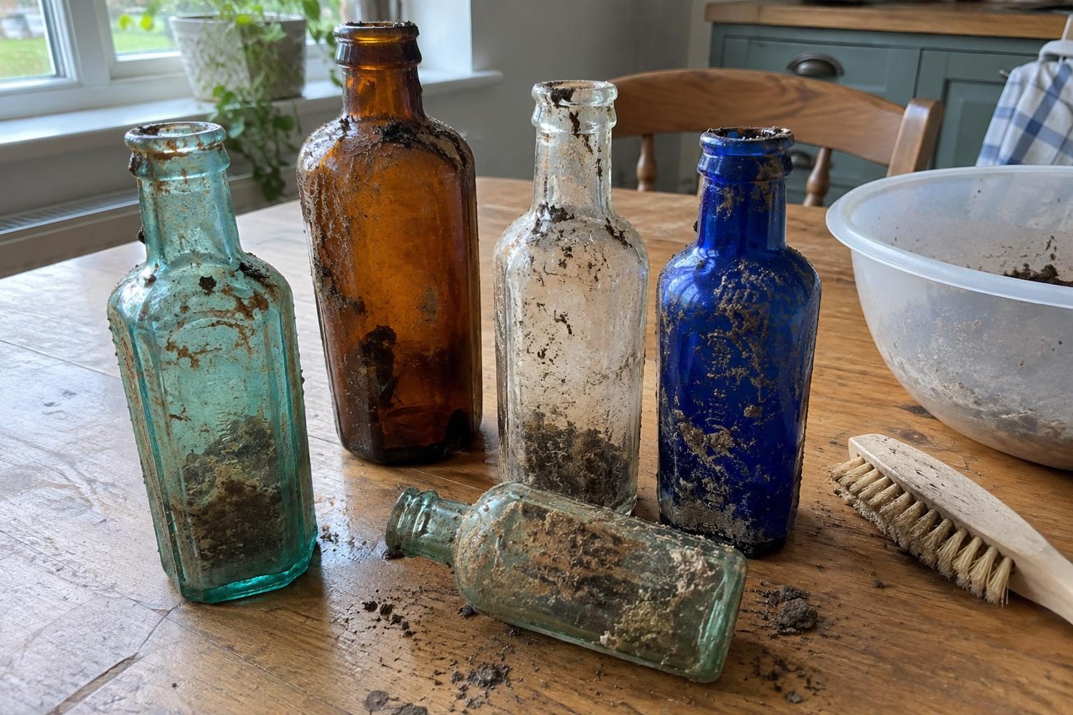 Five dug-up glass bottles in aqua, amber, clear and cobalt standing on a wooden table, still crusted with dried soil