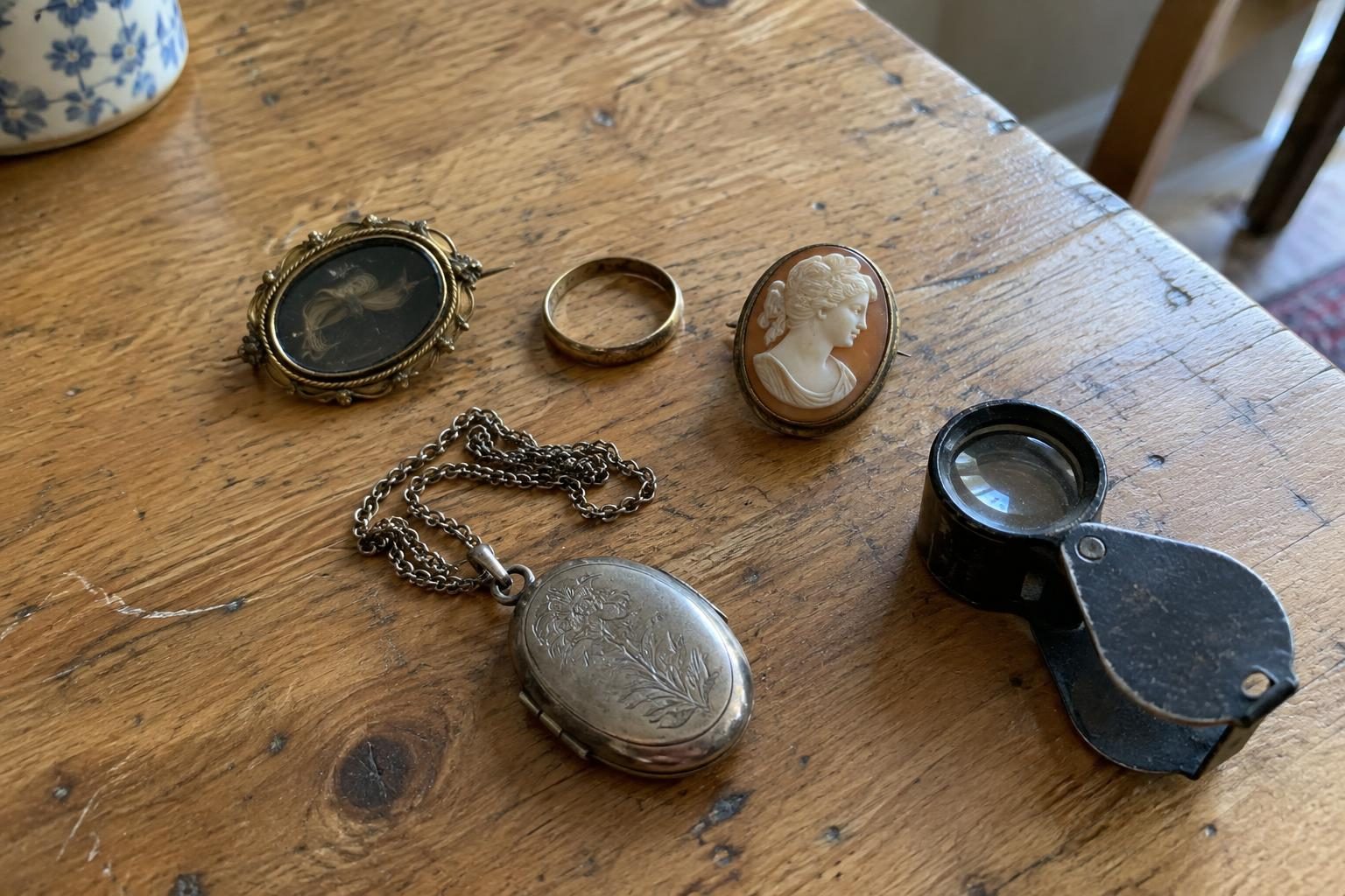 Assorted antique jewellery, including a brooch, a gold band, a cameo and a silver locket, laid out on a wooden table beside a jeweller's loupe