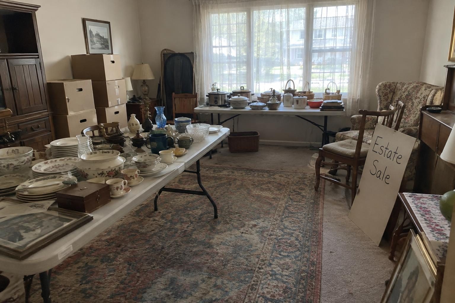 A front room mid-setup for an estate sale, with folding tables of household items, stacked boxes and a handwritten sign