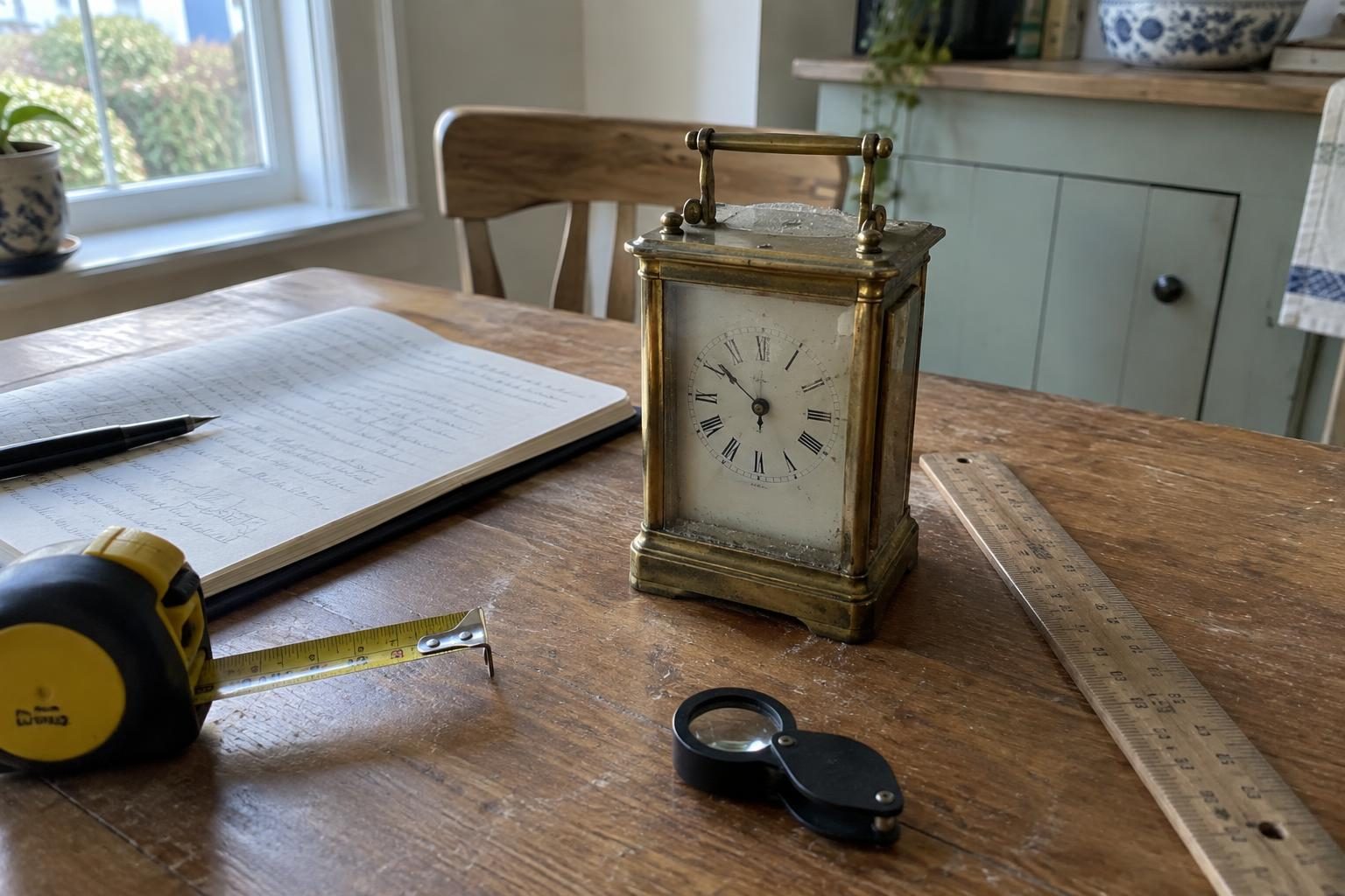 A brass carriage clock on a kitchen table beside an open notebook, a tape measure, a magnifier and a wooden ruler