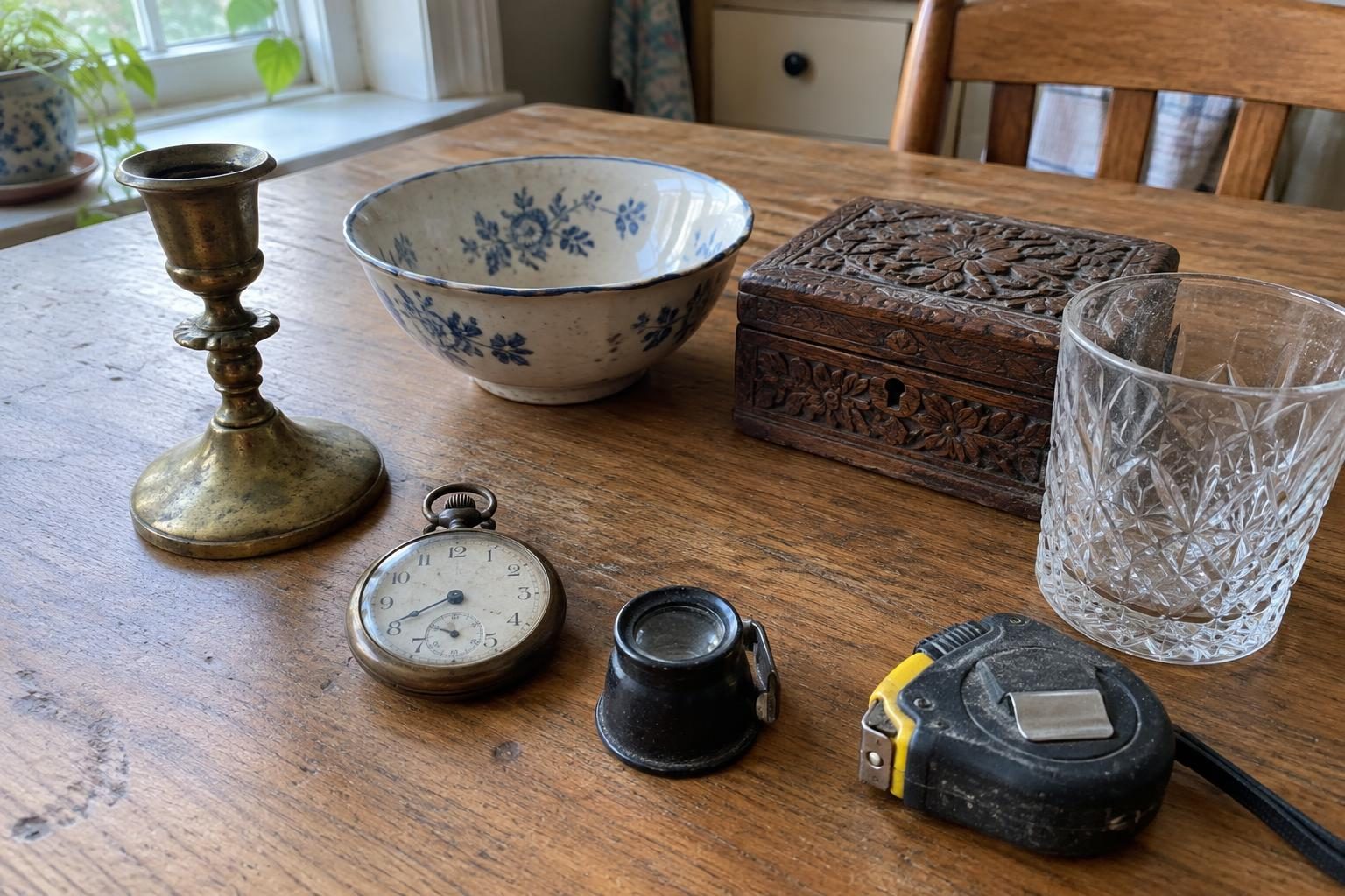 Assorted old objects on a kitchen table including a brass candlestick, a china bowl, a pocket watch and a glass tumbler, with a loupe and tape measure