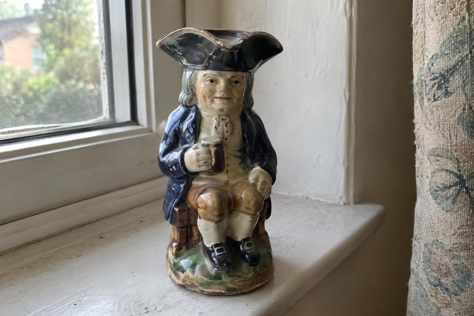An old Toby jug of a seated man in a tricorn hat on a dusty painted windowsill in daylight
